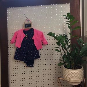 Pink polka dot dress with cardigan